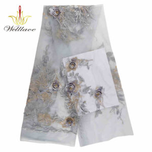 Soft Silver 3D Floral Rhinestone Embroidered Mesh Fabric BZ1031