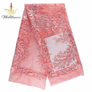Pink 3D Flower Beaded Lace Fabric for Bridal and Occasionwear BZ1051