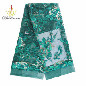 Teal 3D Floral Rhinestone Embroidered Lace Fabric BZ1061