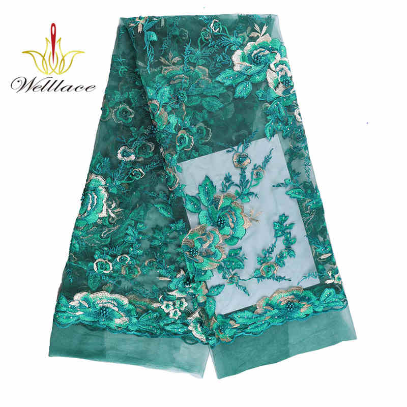 Teal 3D Floral Rhinestone Embroidered Lace Fabric BZ1061