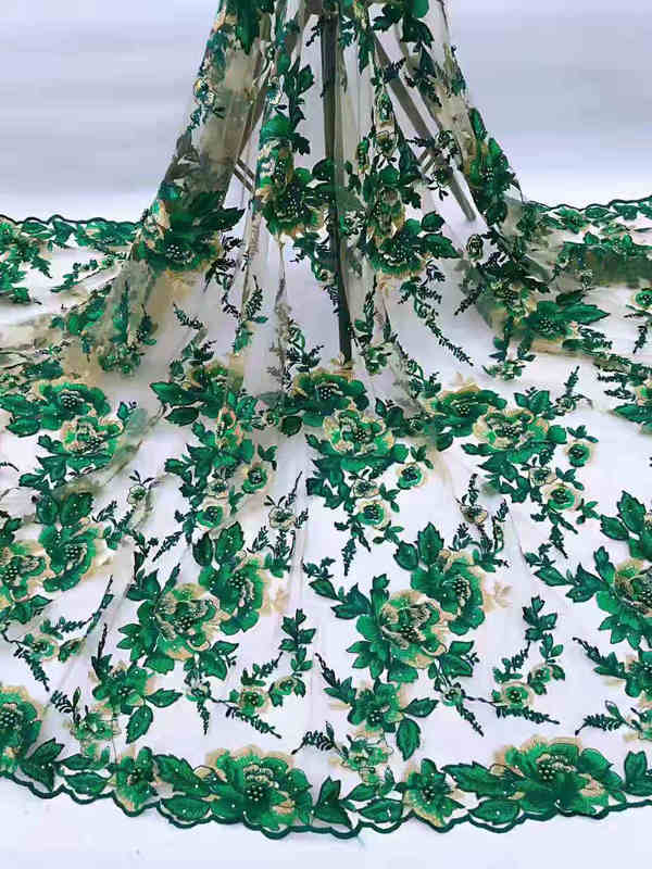 Teal 3D Floral Rhinestone Embroidered Lace Fabric BZ1061 - Image 4