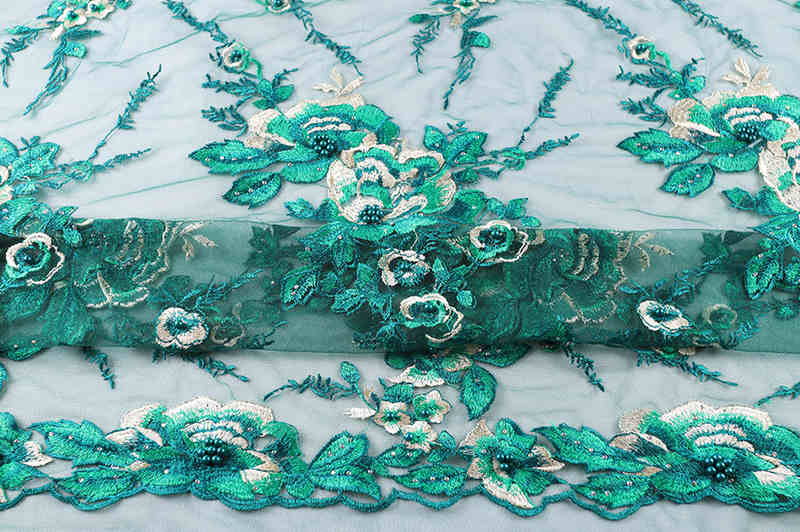 Teal 3D Floral Rhinestone Embroidered Lace Fabric BZ1061 - Image 6