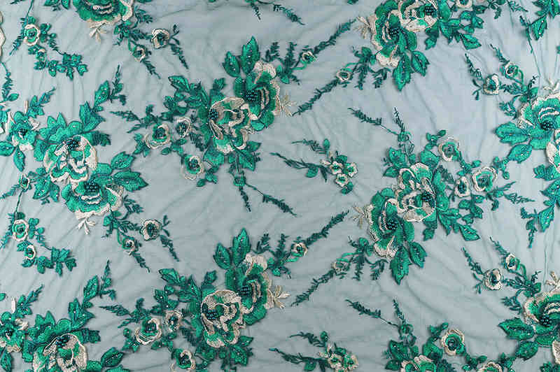 Teal 3D Floral Rhinestone Embroidered Lace Fabric BZ1061 - Image 7