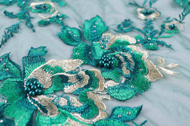 Teal 3D Floral Rhinestone Embroidered Lace Fabric BZ1061 - Image 8