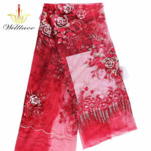 Red 3D Flower Embellished Lace Fabric with Rhinestone Detail BZ1071