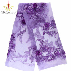 Purple 3D Floral Embroidered Lace Fabric with Stone Decoration BZ1101