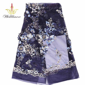 Navy 3D Flower Beaded Lace Fabric for Bridal and Eveningwear BZ1111