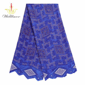 Blue Cotton Eyelet Embroidered Fabric with Rhinestone Decoration BZ3005