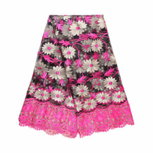 Pink Floral Mesh Fabric with Gold Metallic and Polyester Embroidery DG1001