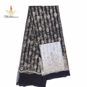 Pure Gold Metallic Thread Embroidered Mesh Fabric in Black Ground DG1003