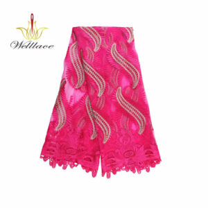 Pink Polyester and Gold Metallic Embroidered Mesh Fabric DG1021