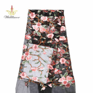 Black Ground Multicolor Floral Polyester Embroidered Mesh Fabric DM1003