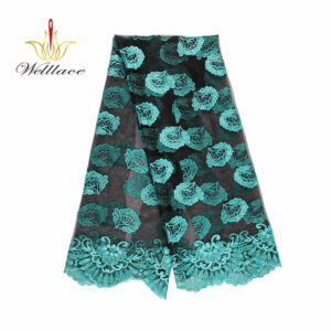 Contrast-Color Teal Polyester Embroidered Mesh Fabric DM1031