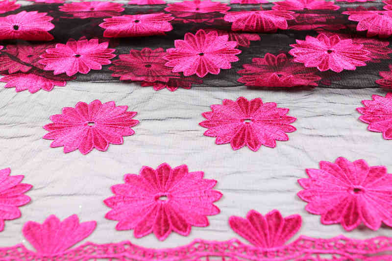 Hot Pink Floral Polyester Embroidered Mesh Fabric DM1034 - Image 3
