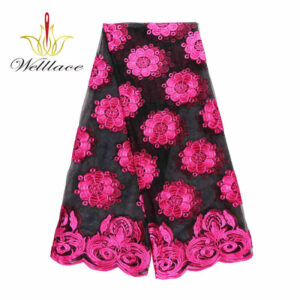 Black and Fuchsia Floral Polyester Embroidered Mesh Fabric DM1035