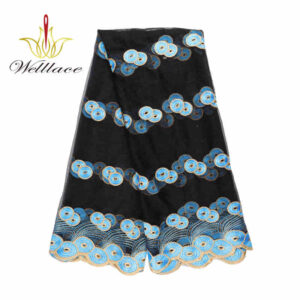 Blue Floral Polyester Embroidered Mesh Fabric with Scalloped Border DM1041