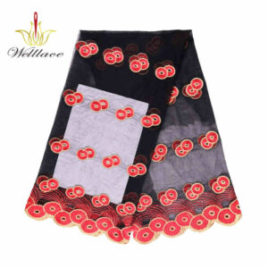 Gold-Color Polyester Embroidered Mesh Fabric on Black Base DM1042