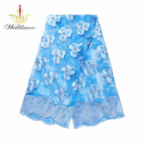 Sky Blue Polyester Embroidered Mesh Fabric for Dresswear DM1043