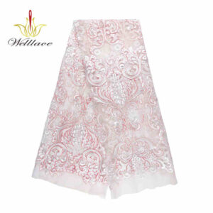Two-Thread Floral Embroidered Mesh Fabric with Red Accent DM1049