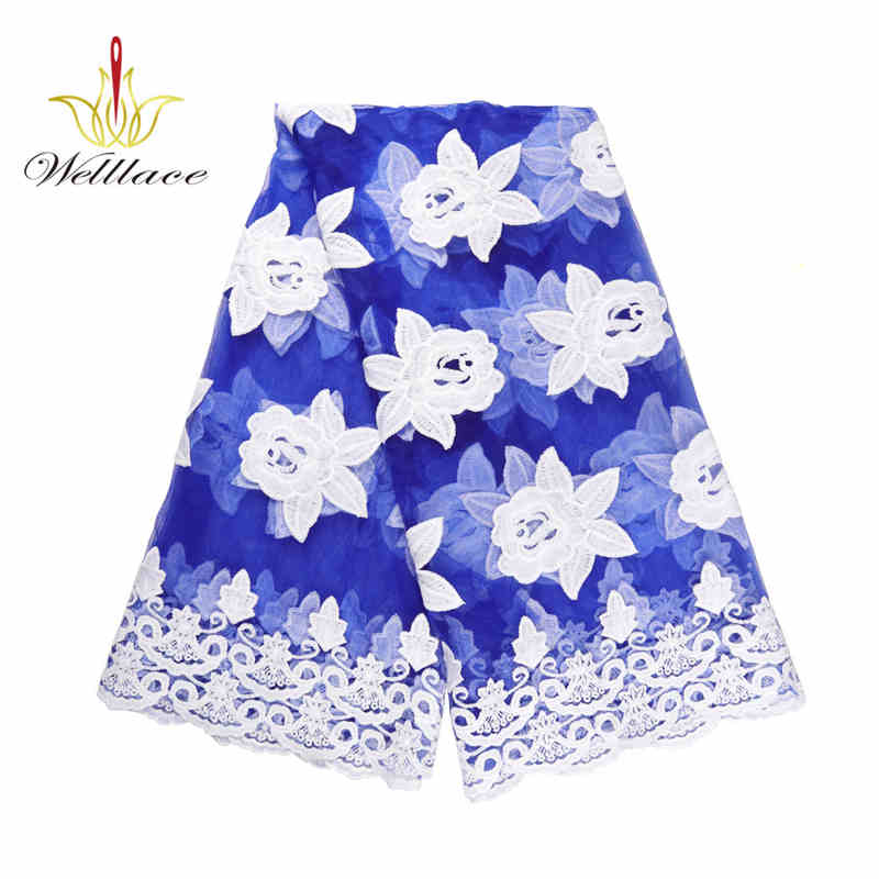 Blue and White Milk-Silk Style Embroidered Mesh Fabric DM1053