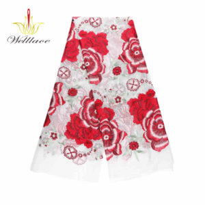 Organza-Base Red Floral Polyester Embroidered Fabric DM1056
