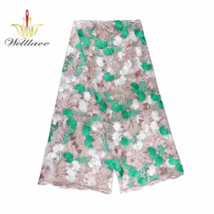 Mint and Pink Floral Polyester Embroidered Mesh Fabric DM1063