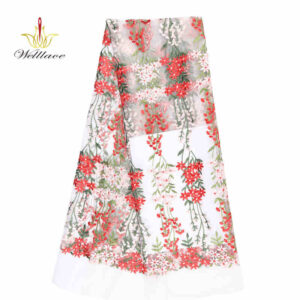 Silver and Red Floral Polyester Embroidered Mesh Fabric DM1077