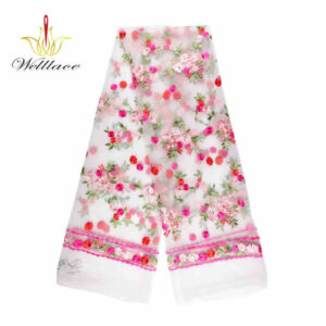 Pink Floral Polyester Embroidered Mesh Fabric with Scalloped Edge DM1085