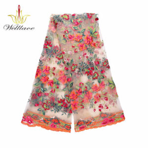 Coral Floral Polyester Embroidered Mesh Fabric for African Dresses DM1087
