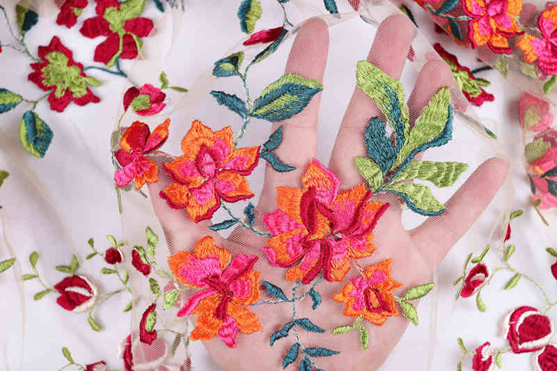 Coral Floral Polyester Embroidered Mesh Fabric for African Dresses DM1087 - Image 2