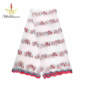 Stripe-Layout Floral Polyester Embroidered Mesh Fabric DM1091