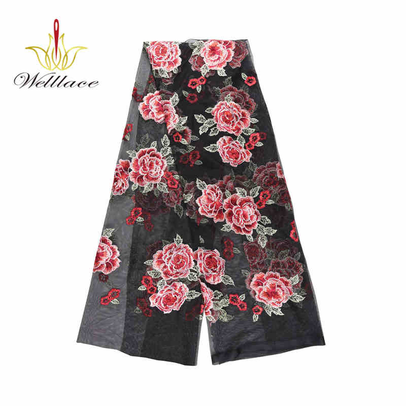 Black Ground Red Rose Polyester Embroidered Mesh Fabric DM1094