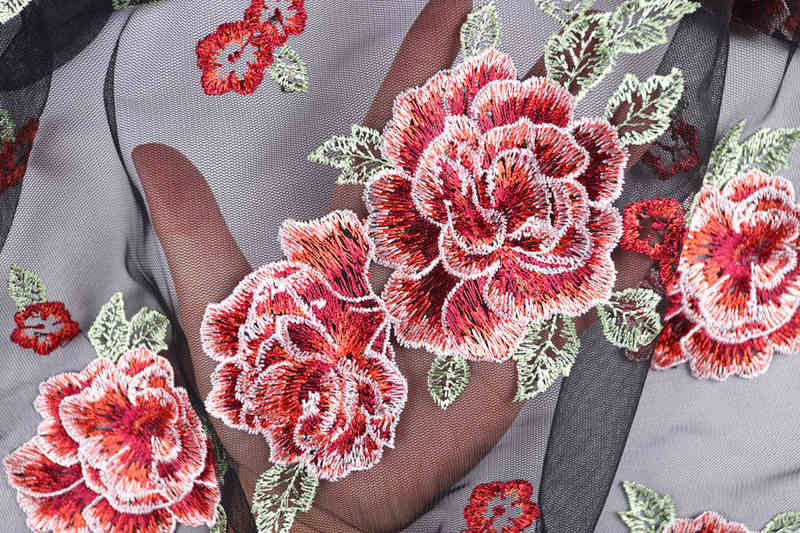 Black Ground Red Rose Polyester Embroidered Mesh Fabric DM1094 - Image 2