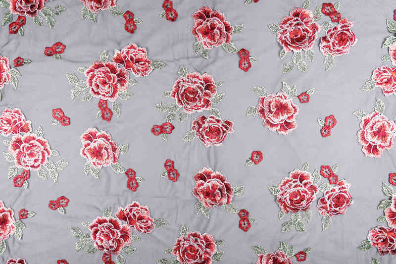 Black Ground Red Rose Polyester Embroidered Mesh Fabric DM1094 - Image 4