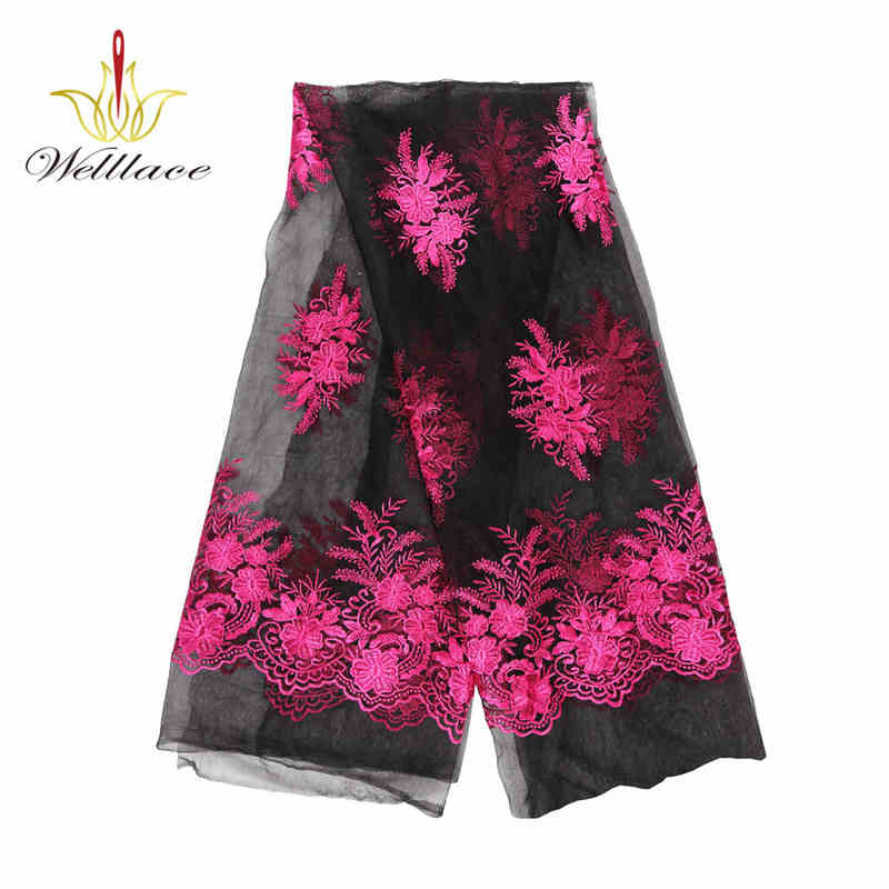 Black and Fuchsia Floral Polyester Embroidered Mesh Lace Fabric DM1097