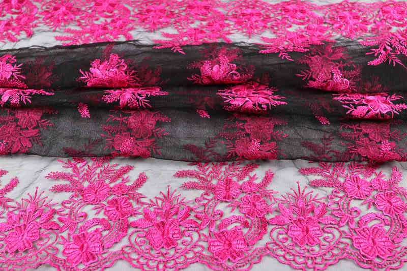 Black and Fuchsia Floral Polyester Embroidered Mesh Lace Fabric DM1097 - Image 2