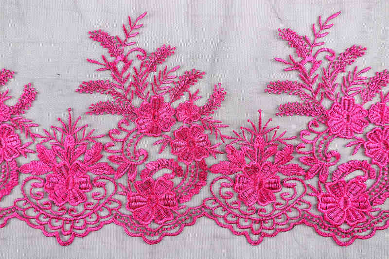 Black and Fuchsia Floral Polyester Embroidered Mesh Lace Fabric DM1097 - Image 3