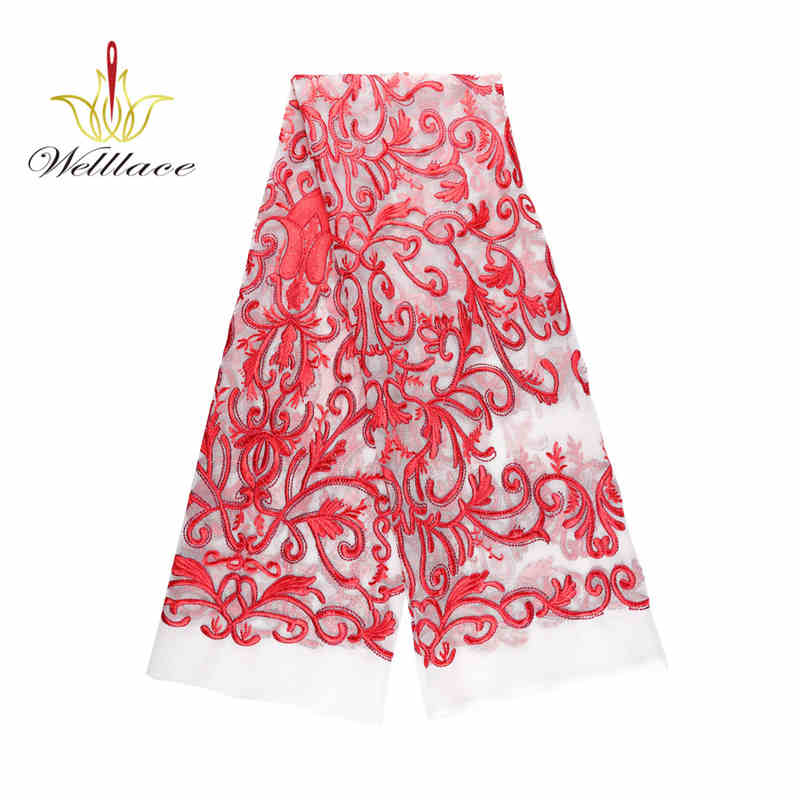 Red Scroll Polyester Embroidered Mesh Fabric DM1099