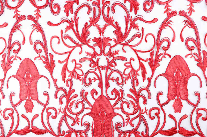 Red Scroll Polyester Embroidered Mesh Fabric DM1099 - Image 2