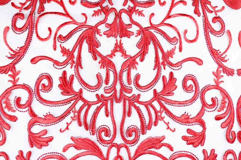 Red Scroll Polyester Embroidered Mesh Fabric DM1099 - Image 3