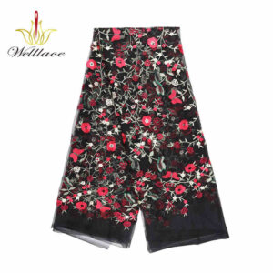 Black Ground Rose Polyester Embroidered Mesh Fabric DM1106
