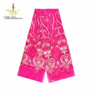 Hot Pink Gold-Color Polyester Embroidered Mesh Fabric DM1111