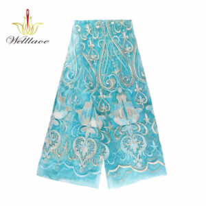 Aqua Gold-Color Polyester Embroidered Mesh Fabric DM1112