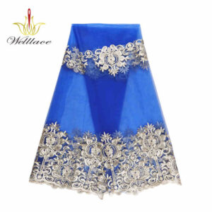 Blue Mesh Fabric with Gold-Color Polyester Embroidery DM1118