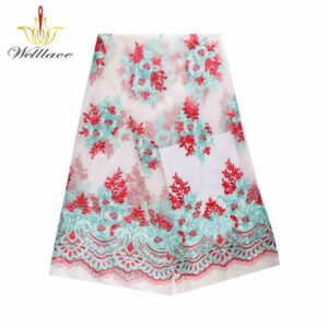 Aqua and Red Floral Polyester Embroidered Mesh Fabric DM1122