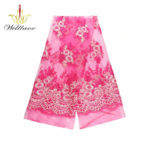 Pink Floral Polyester Embroidered Mesh Fabric with Border DM1124