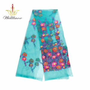Turquoise Multicolor Polyester Embroidered Mesh Fabric DM1139