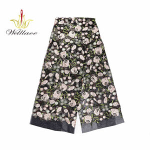 Black Ground White Floral Polyester Embroidered Mesh Fabric DM1142