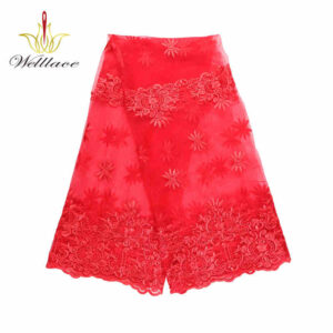 Red Tone Polyester Embroidered Mesh Lace Fabric DM1146