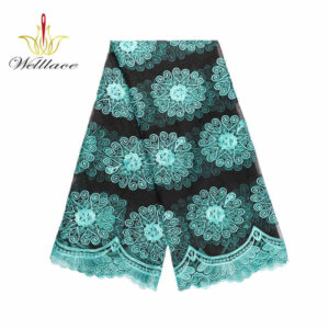 Black and Turquoise Polyester Embroidered Mesh Fabric DM1153
